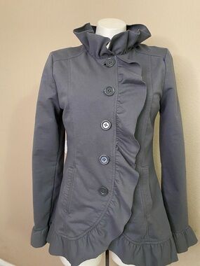 Kut from the Kloth gray button front ruffle Victorian fitted  jacket L